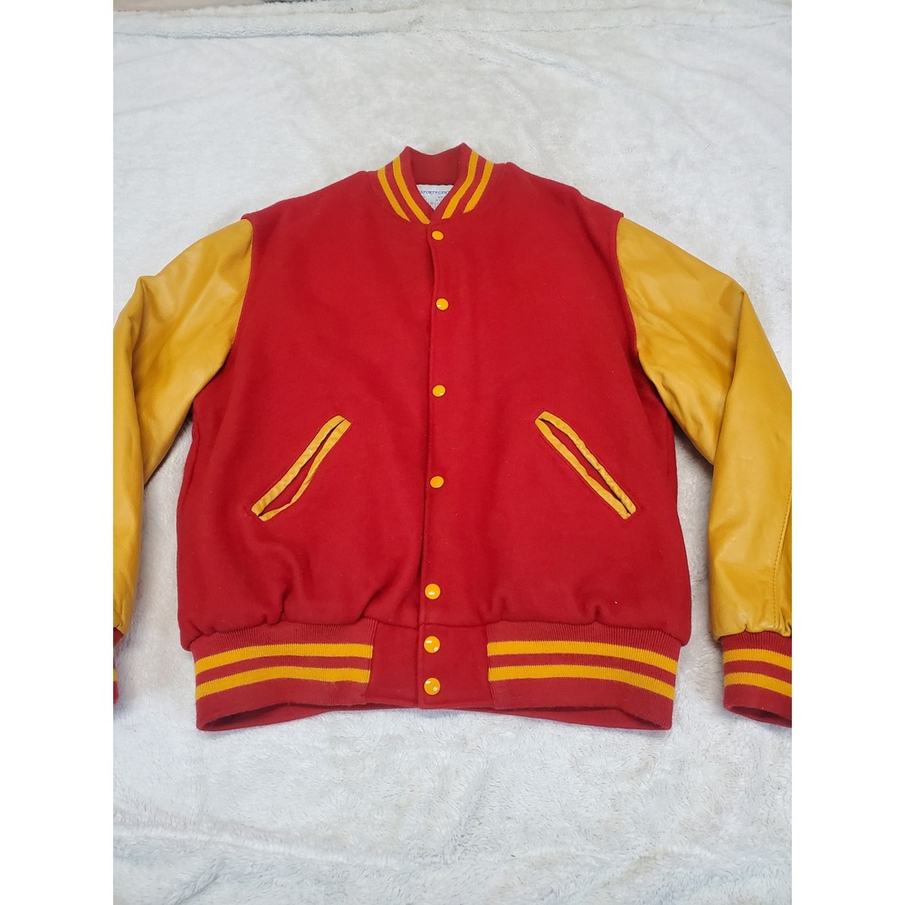 Vintage Red Yellow Gold Leather Varsity School Letterman Bomber Jacket  XL USA